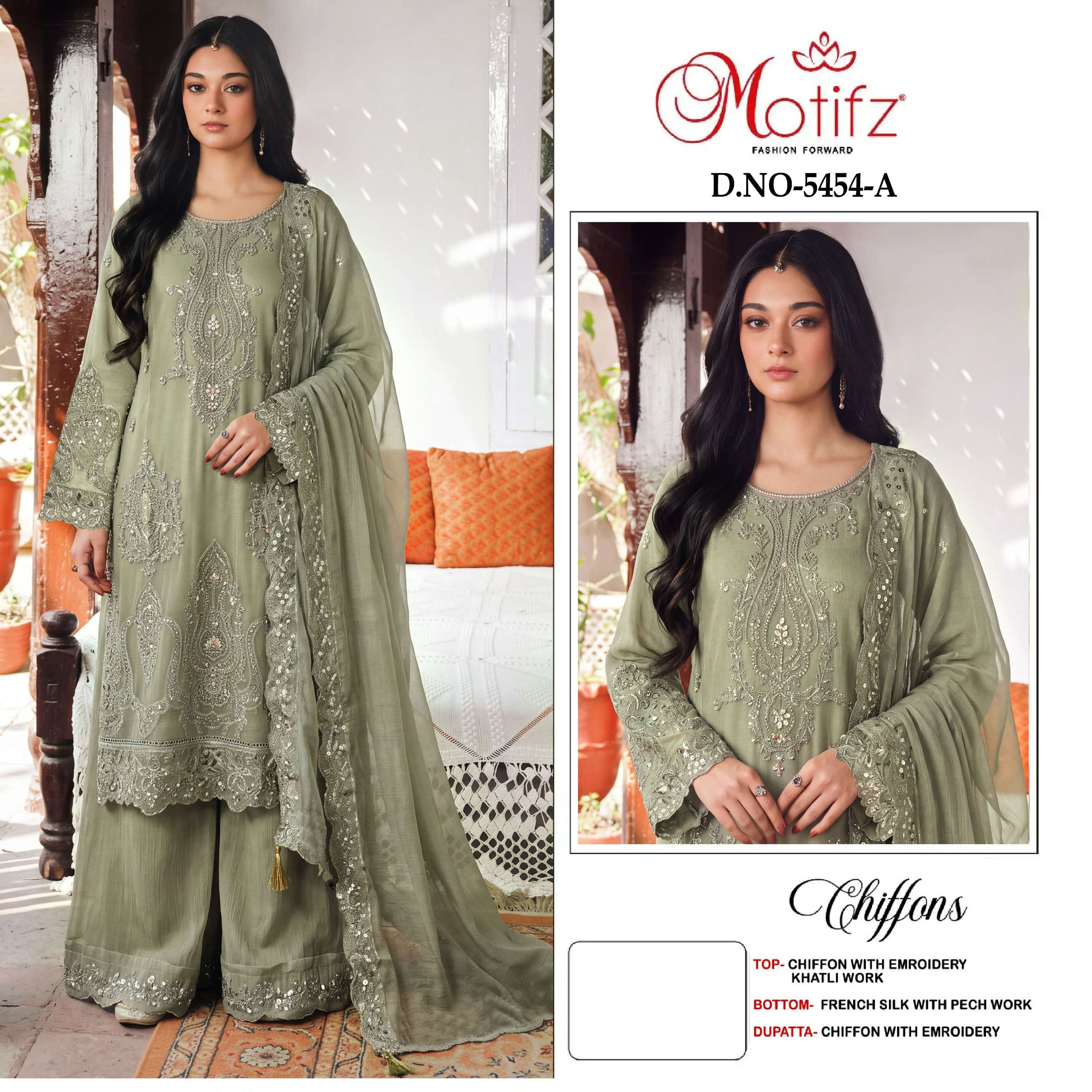 MOTIFZ 5454 SIFFON EMBROIDERY KHATLI WORK PAKISTANI OUTFIT ACCTRESS TYPE EXPORT
